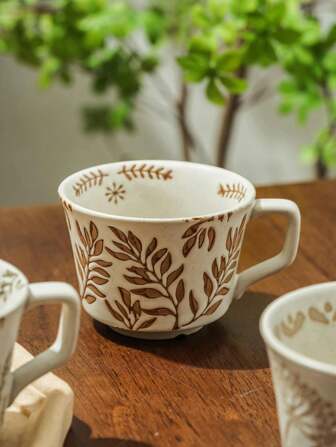 1pc 330ml Rough Pottery Coffee Mug, Vintage Pattern Creative Ceramic Plant Cup For Milk, Tea, Breakfast, Gift