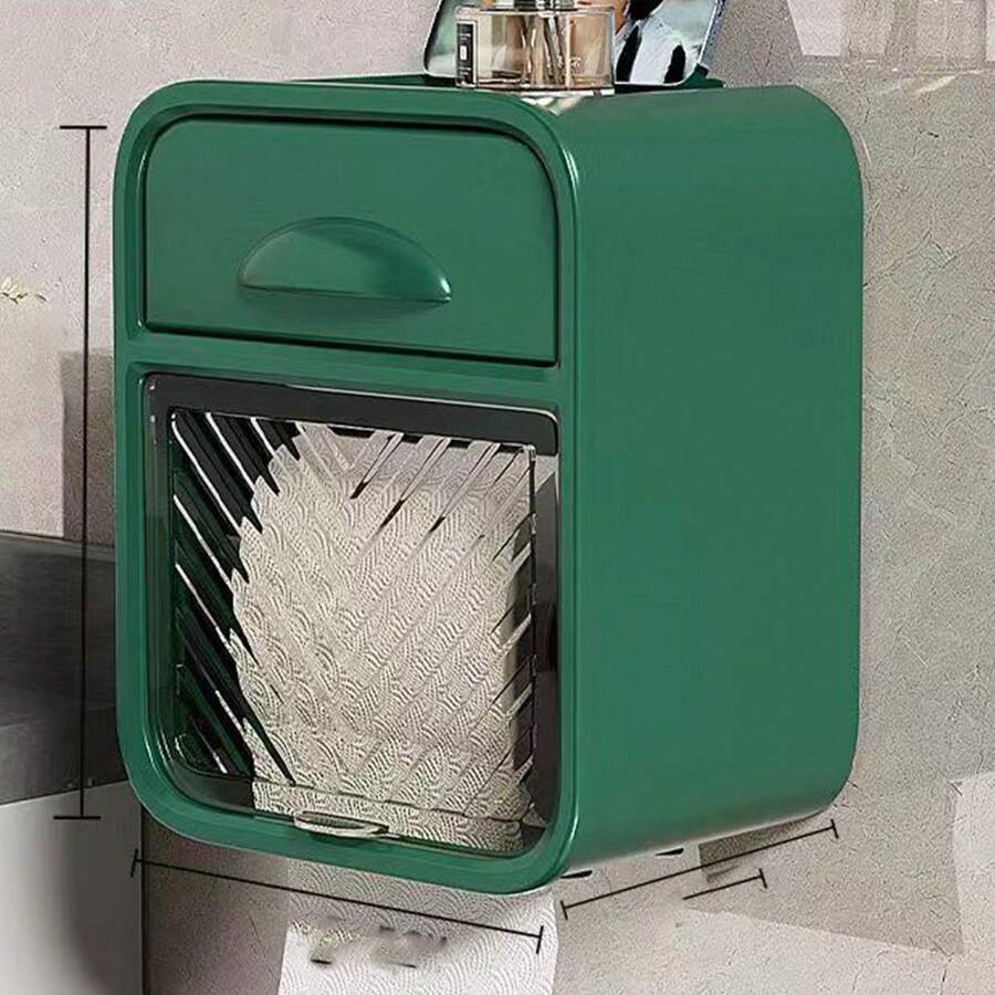 1pc Bathroom Tissue Box, Wall-Mount Waterproof Storage Organizer, No Drilling Double Layer Roll Paper Holder - Dark Green - View 1