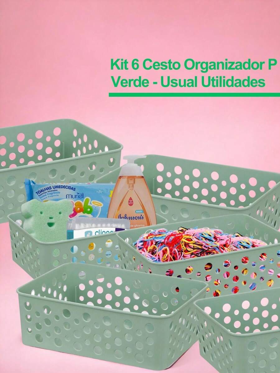 Kit 6 Cestos Organizador Multiuso Pequeno 19 cm Azul / Branco/ Cinza/ Marrom/ Preto/ Rose/ Verde - Verde - Visão 1