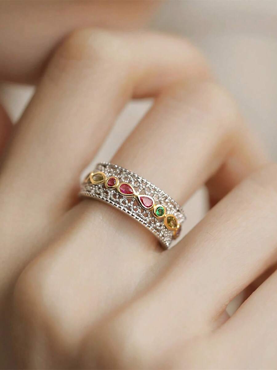 1入時尚奢華s925純銀復古宮廷風格花綴開口戒指,適用於女性日常穿戴派對禮物 - 銀色 - 查看 1