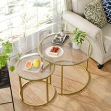 Gold Nesting Coffee Table Set Of 2, Small Glass Nesting Tables For Living Room Bedroom, Accent Tea Table With Metal Frame Modern Industrial Simple - 金色 - 查看 2