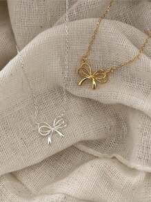 1個s925純銀復古簡約可愛優雅雙層空心蝴蝶結鍍14k金吊墜項鏈,女性時尚潮流領圈鏈,女朋友生日情人節珠寶禮物 - 金色 - 查看 5