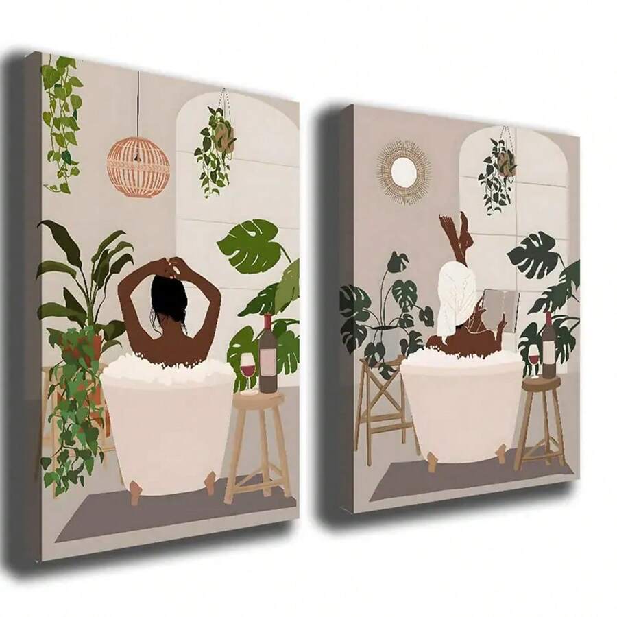 2pcs/Set , African American, Wall Art Decor, Women, Pink And Grey Abstract Canvas Painting, Picture, Poster, Print, Decor For Bathroom Wall Bedroom, Without Frame Gifts Birthday Graduation - Multicolor - View 1