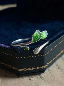 Anillo De Hoja De Color Plateado, Anillo De Hoja Verde, Anillo Abierto Ajustable, Anillo Bohemio Unisex Adecuado Para Uso Diario O Como Joyería De Regalo