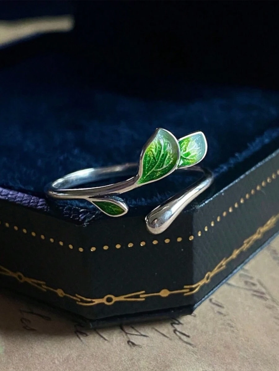 Anillo De Hoja De Color Plateado, Anillo De Hoja Verde, Anillo Abierto Ajustable, Anillo Bohemio Unisex Adecuado Para Uso Diario O Como Joyería De Regalo