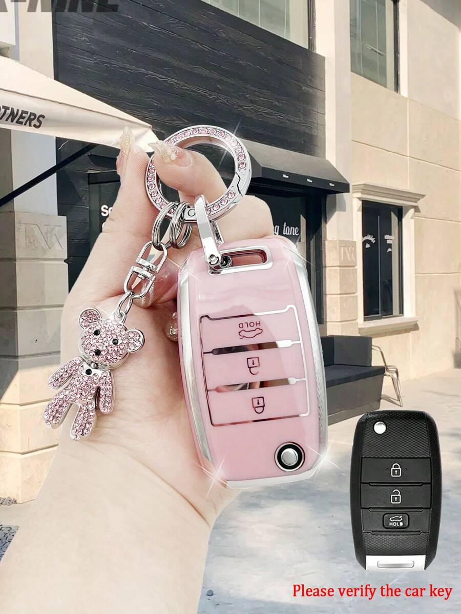 Bộ Kim Cương Giả Hoạt Hình Trang Trí Vỏ Chìa Khóa Ô Tô & Móc Khóa Tương Thích Với Xe Kia, Chìa Khóa Fob Bao