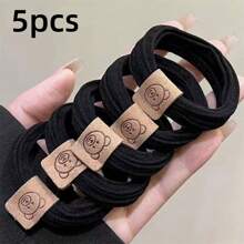 5入組可愛的熊熊圖案且為純色的彈性髮圈,髮帶,披著馬尾的女孩頭飾 - 黑色 - 查看 2