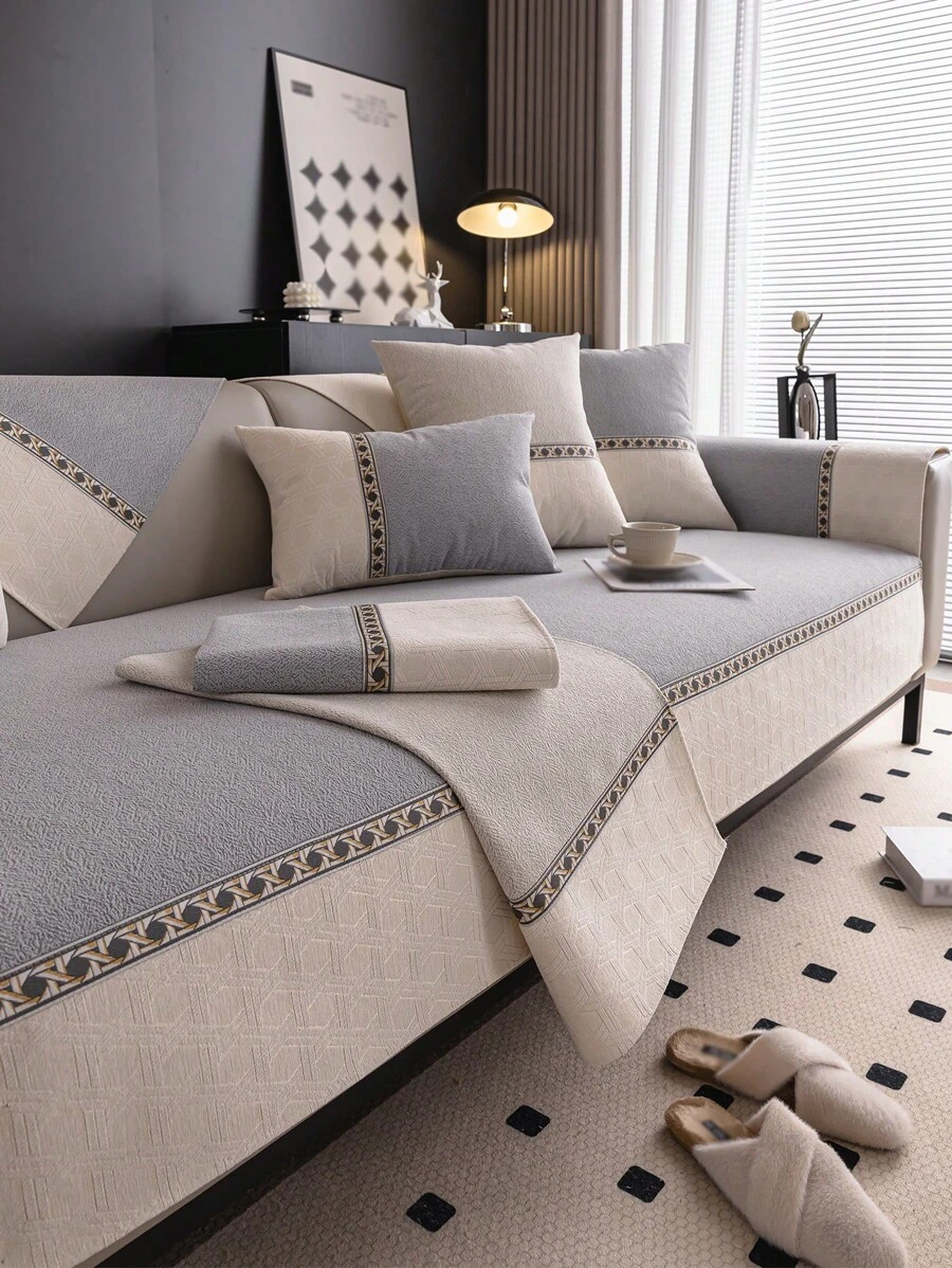 1 pièce Ensemble de housse de canapé en patchwork de chenille, comprenant des housses de coussin de canapé 1/2/3/4 places, housse d'accoudoir, housse de dossier, anti-dérapant, convient à toutes les saisons - Gris pâle - Voir 1