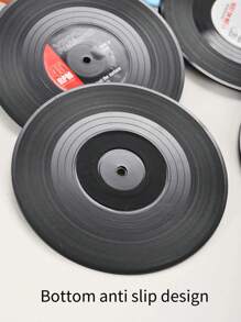 6pcs/Set Retro Vinyl Record & Cd Design Round Silicone Cup Coaster Anti-Slip Heat Insulation Pad - Black - View 5