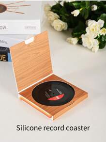 6pcs/Set Retro Vinyl Record & Cd Design Round Silicone Cup Coaster Anti-Slip Heat Insulation Pad - Black - View 3