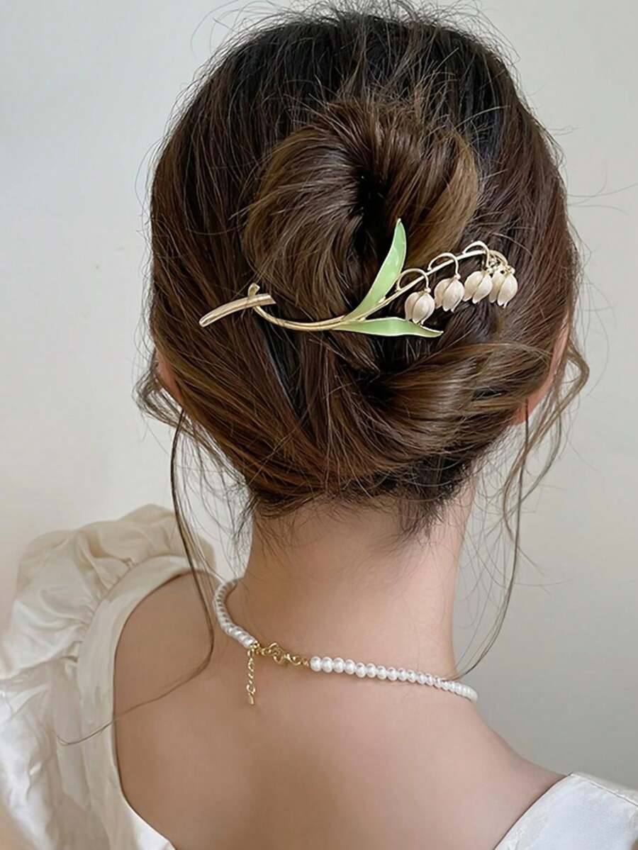 1pc ins超级百合花铃铛花朵麻花青蛙夹后头金属单线夹高级发爪流行发卡 - 淺粉色 - 查看 1