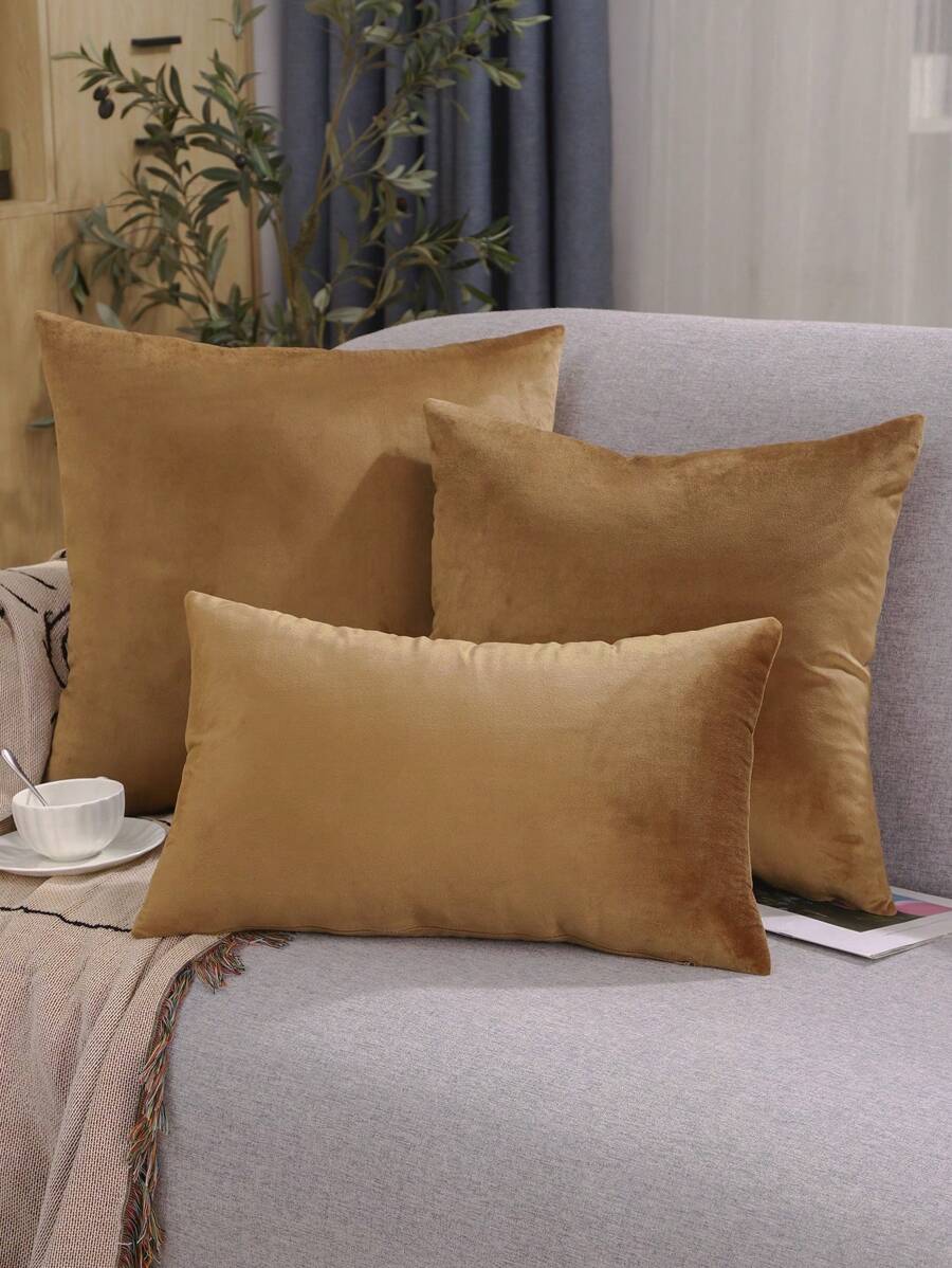 Miater 1入純色絨面枕套 - 卡其色 - 查看 1