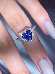 1枚浪漫蓝色心形立方氧化锆戒指，女士情人节礼物，适合婚礼、订婚、周年纪念、派对和其他场合 - 藍色 - 查看 6