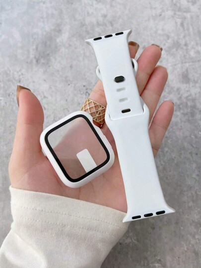 2-In-1 Band And Case Set, White Soft Comfortable Silicone Sport Strap, Ultra-Thin Tempered Glass Screen Protector Case, Compatible With Apple Watch Series Ultra/SE/11/10/9/8/7/6/5/4/3/2/1, Compatible With Apple Watch Band 38/40/41/42/44/45/46/49mm