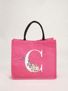 1个简约字母印花亚麻手提袋，情人节送给女友的礼物，多功能便携手提包，教师节送给女性的礼物，字母印花手提袋，化妆包，优雅旅行沙滩包，可重复使用的购物袋，适合婚礼、生日、海滩、节日和其他场合，送给女性的绝佳礼物 - 玫紅色 - 查看 3