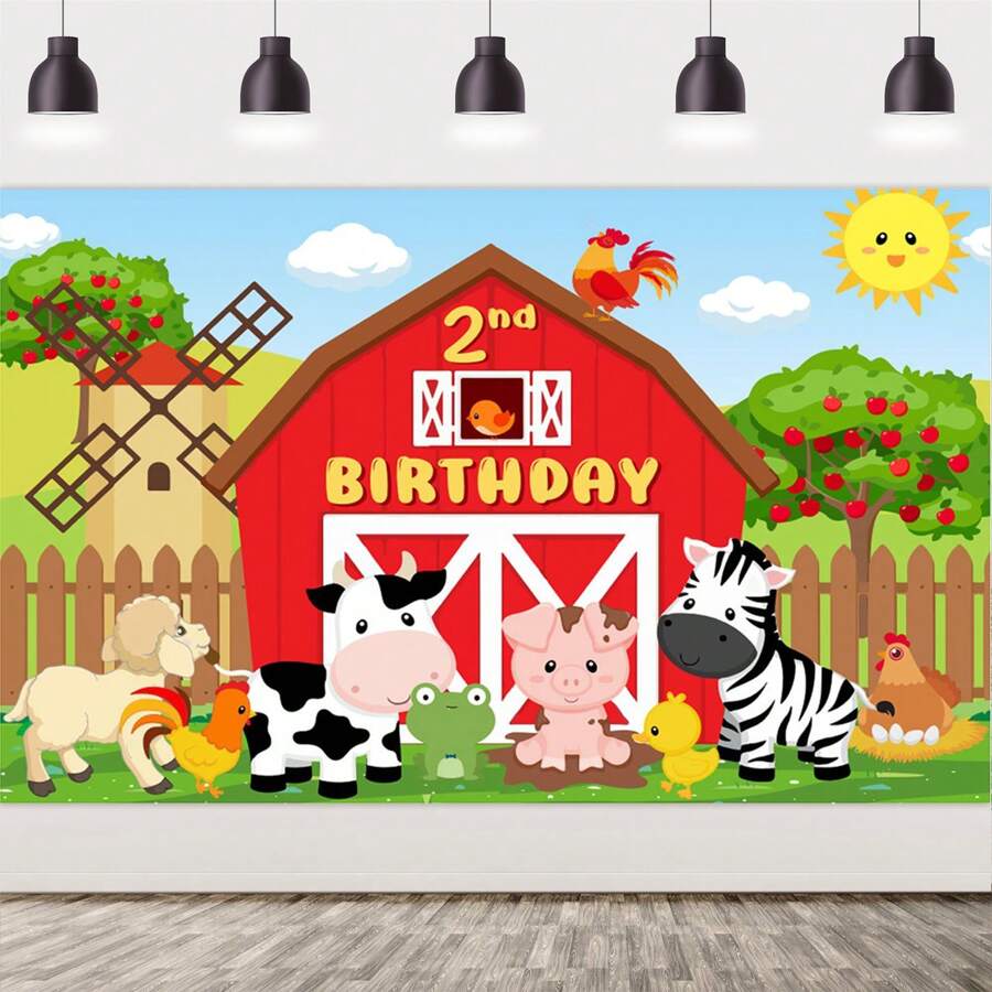 kreatwow 1入農場紅色穀倉生日派對場景布，卡通農場動物1週歲2週歲生日派對拍攝攝影背景，農場主題派對蛋糕桌橫額照片攝影背景布裝飾 - 彩色 - 查看 1