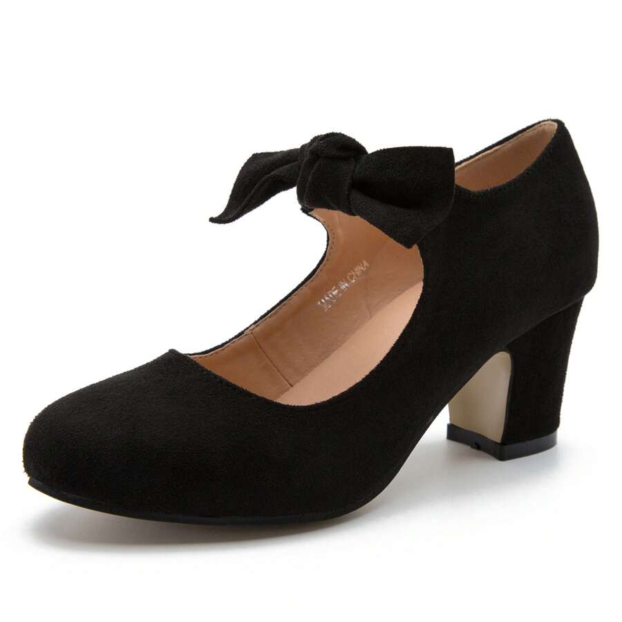 Women's Bow Mary Jane Low Block Chunky Heels Pumps Round Toe Low Heels Ankle Strap Wedding Dress Evening Party Shoes - màu đen - Xem 1