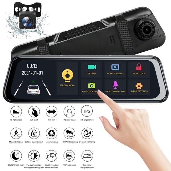 10'' Mirror Dash Cam, Rear View Mirror Camera With 1080P Rear Camera, Dash Cam Front And Rear, Dual Dash Camera For Cars, Parking Monitoring