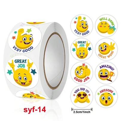 500pcs/Roll Cartoon Yellow Face Expression Stickers For Teachers To Praise And Encourage Students, Suitable For Stationery, Books, Mobile Phones, Notebooks, Computers, Helmets, Water Bottles, Glasses, Multiple Uses Back To School