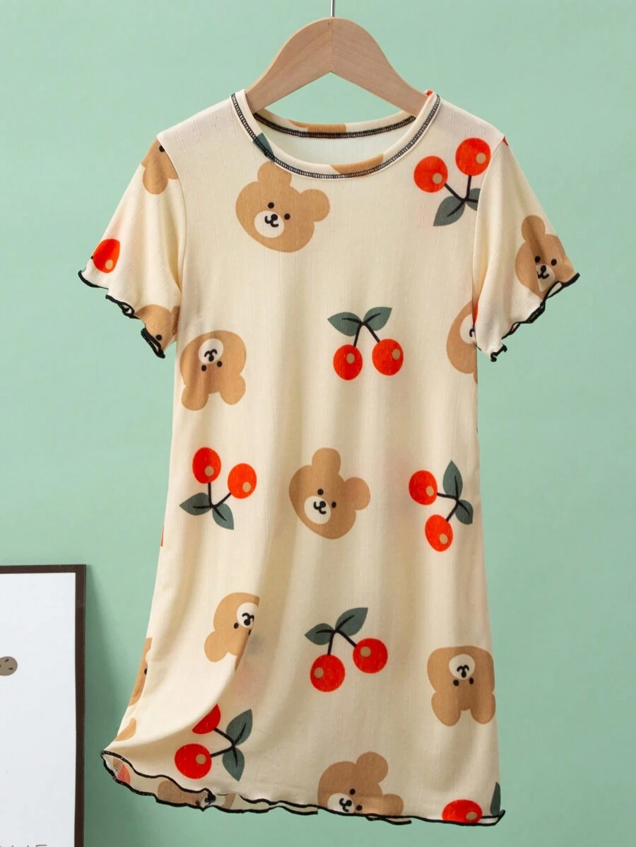 Young Girl Cherry Bear Printed Short Sleeve Dress, Summer - Multicolor - View 1