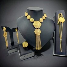 5入組多層手工頸鍊套裝,沙烏地阿拉伯24k金迪拜非洲新娘頸鍊耳環戒指手鐲,女士派對珠寶禮物,適用於母親和朋友 - 金黃色 - 查看 11