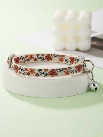 1pc Khaki Colored Floral Pattern Pet Collar For Cats & Dogs