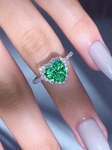 1 PC Romantic Green Heart Cubic Zirconia Ring For Women For Valentine's Day Gift Wedding Engagement Anniversary Party Jewelry Valentines,Mom,Mother,Mother's Day,Gift