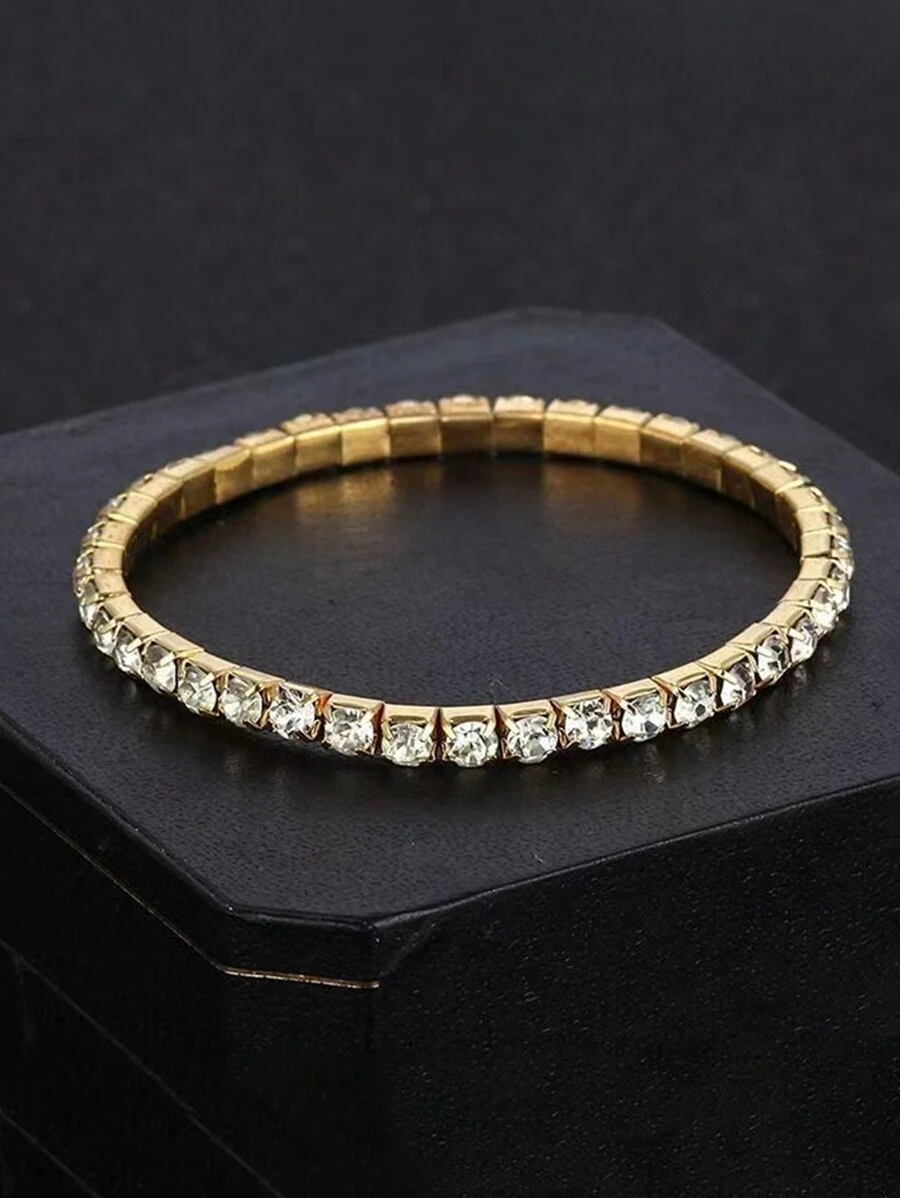 1pc Party Shiny Rhinestone Gold Color Single Layer Elastic Bracelet - Gold - View 1