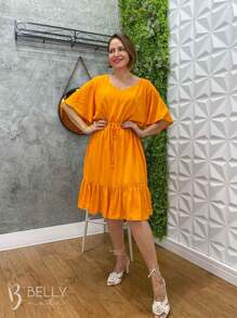 Vestido Midi Com Babado Viscolinho Primavera Verão