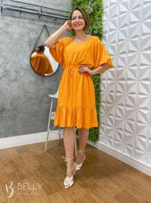 Vestido Midi Com Babado Viscolinho Primavera Verão