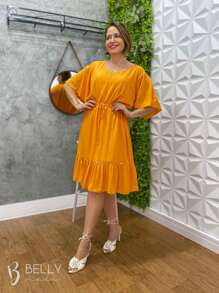 Vestido Midi Com Babado Viscolinho Primavera Verão