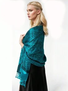 1 件女士优雅简约复古风格温暖时尚百搭提花头巾围巾，适合各种服装 - 水鴨藍 - 查看 3