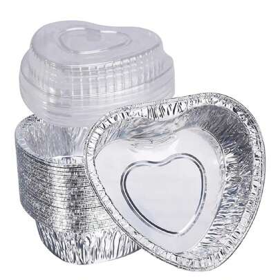 60入組紅心形狀鋁箔杯蛋糕杯套,可重複使用杯型蛋糕杯,錫食品儲存托盤,適用於烹飪、烘焙、派對和婚禮