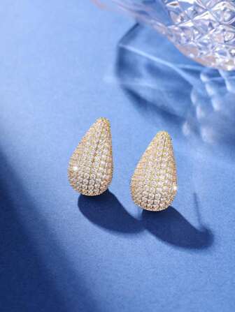 1 Pair Elegant Gold Teardrop Design Earrings, Fully Paved With Zirconia Copper, Suitable For Party Wear And Gift For Mother's Day