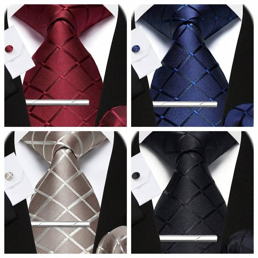 4入組男士經典格紋純色編織領帶,口袋方巾,袖扣和領帶夾套裝,完美適用於伴郎,婚禮,約會,派對,假日等 - 彩色 - 查看 1