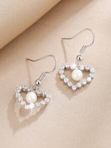 Fresh And Sweet Heart-Shaped Rhinestone & Hollow Out Pearl Drop Earrings For Girls, Lovers And Friends As Gift - Silver - View 2