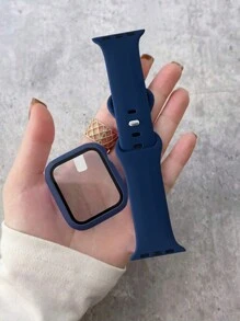 Set 2 in 1 con cinturino e custodia, cinturino sportivo in silicone morbido e confortevole di colore blu, custodia con protezione dello schermo in vetro temperato ultra sottile, compatibile con Apple Watch Series Ultra/SE/11/10/9/8/7/6/5/4/3/2/1, compatibile con cinturini da 38/40/41/42/44/45/46/49mm