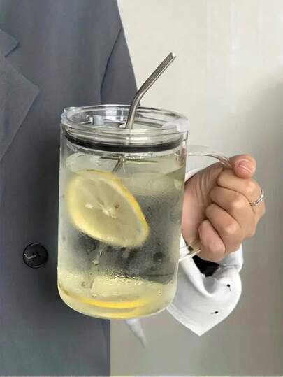 1pc Large Glass Cup With Lid And Straw, 33.81oz Heavy Duty Glass Tumbler, Iced Coffee Mug, Drinking Glass, Beverage Cup For Summer And Winter