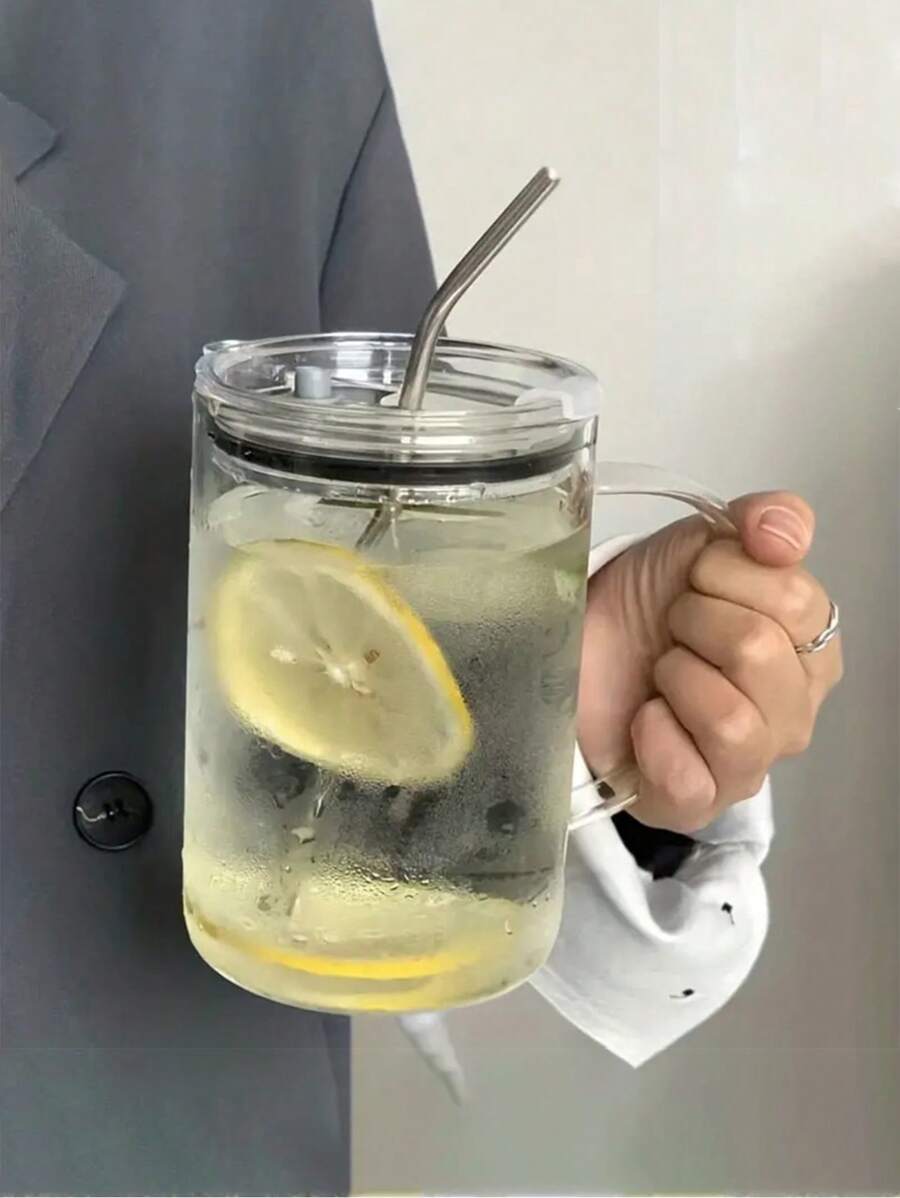 1pc Large Glass Cup With Lid And Straw, 33.81oz Heavy Duty Glass Tumbler, Iced Coffee Mug, Drinking Glass, Beverage Cup For Summer And Winter