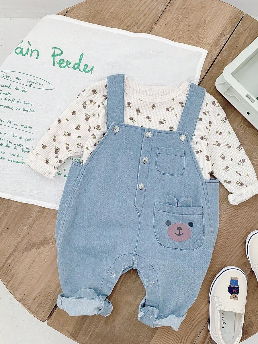1pc Baby Boy Fashionable Cartoon Printed Pocket Front Denim Overalls - Baby Blue - View 1