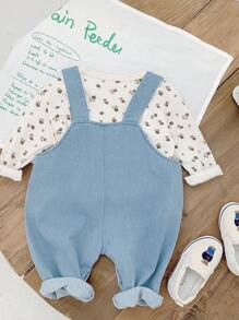 1pc Baby Boy Fashionable Cartoon Printed Pocket Front Denim Overalls - Baby Blue - View 2