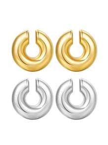 2pairs Fashionable Stainless Steel Smooth Surface C-Shaped Women's Ear Clip Set, Personalized Earrings