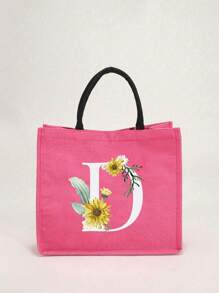 1个简约字母印花亚麻手提袋，情人节送给女友的礼物，多功能便携手提包，教师节送给女性的礼物，字母印花手提袋，化妆包，优雅旅行沙滩包，可重复使用的购物袋，适合婚礼、生日、海滩、节日和其他场合，送给女性的绝佳礼物 - 玫紅色 - 查看 31