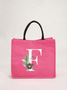 1个简约字母印花亚麻手提袋，情人节送给女友的礼物，多功能便携手提包，教师节送给女性的礼物，字母印花手提袋，化妆包，优雅旅行沙滩包，可重复使用的购物袋，适合婚礼、生日、海滩、节日和其他场合，送给女性的绝佳礼物 - 玫紅色 - 查看 22