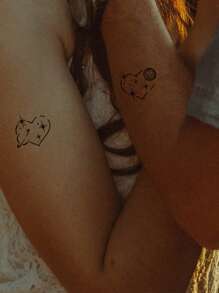 6 張夜光逼真臨時紋身情侶紋身貼紙小假紋身,愛心花花束貼紙適合情侶情侶情人節 - 黑色 - 查看 7