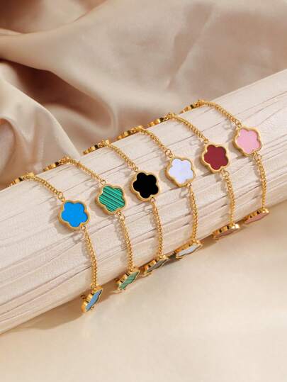 1pc Delicate Personalized Jewelry Stainless Steel & 18k Gold Plated Five-Leaf Flower Decor Bracelet, Multicolor Optional For Women's Holiday Parties And Daily Wear