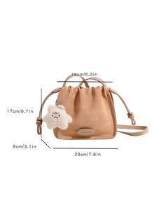 1個時尚純色小斜背包(7.8in*6.7in*3.1in),配有吊飾,拉繩式關閉,適用於購物、約會、下午茶、手機、單肩包,淺色系,可愛又可愛的女士手提包 - 卡其色 - 查看 2