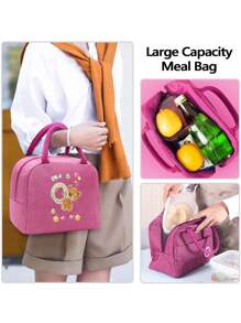 1 件卡通图案挎包保温午餐盒，尼龙轻便便携式午餐收纳袋，学校办公室野餐午餐手提包学校收纳袋教师收纳袋教室袋教室收纳袋学校用品袋 - 粉色 - 查看 3