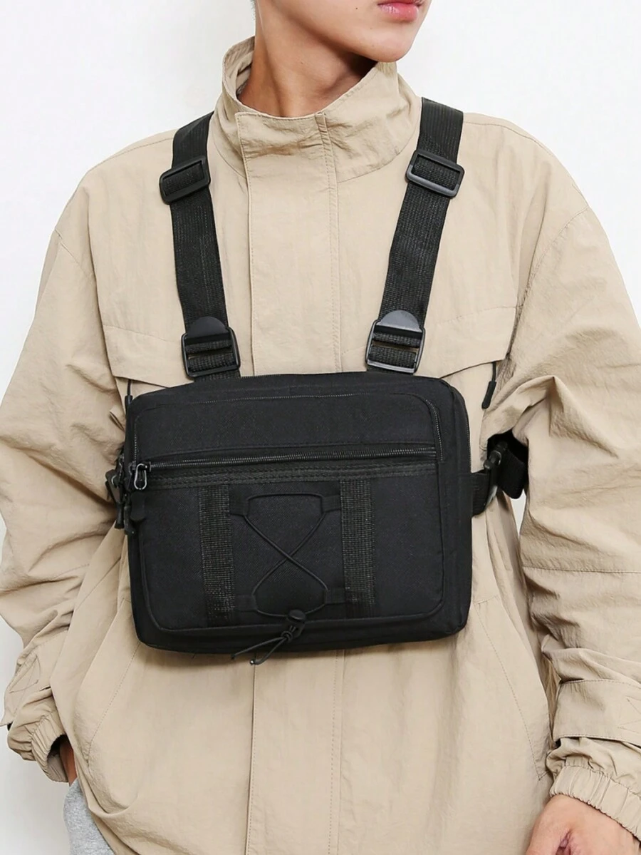 跨境戰術胸包,新款運動背心包,迷彩趨勢戶外工具背心,戰術背包臀包胸部裝備袋腰包黑色包情人節禮物男士 - 黑色 - 查看 1