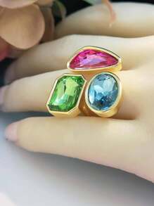 1pc Vintage Blue Crystal Glass Adjustable Women's Ring - Multicolor - View 3